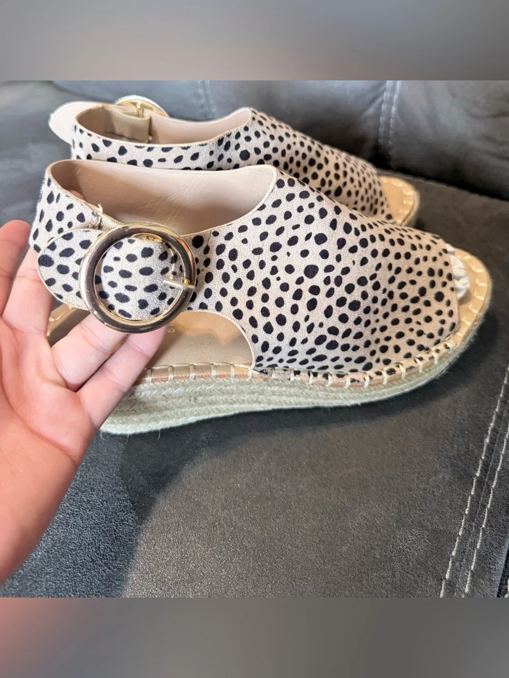 Catherine Malandrino Spotted Espadrille Wedge Sandals in Cream and Black